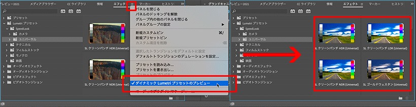 ダイナミックLumetriプリセットのプレビューのオンオフ